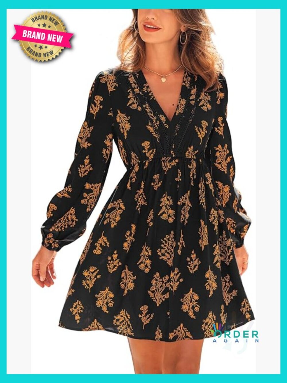 Floral V Neck Lace Cutout Long Sleeve Smocked A Line Mini Dress, Fall, Casual